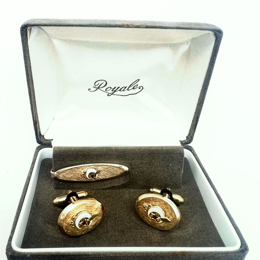 Vintage Masonic Shriner Moon Sword Gold Cuff Links Tie Bar Tie Clip Set-ROYALE